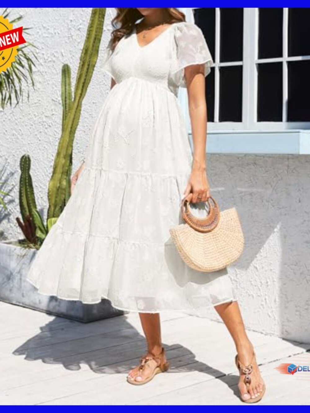 Maternity Midi Dress Flutter Sleeve Smocked Top A-Line Casual Summer - Picture 3 of 7